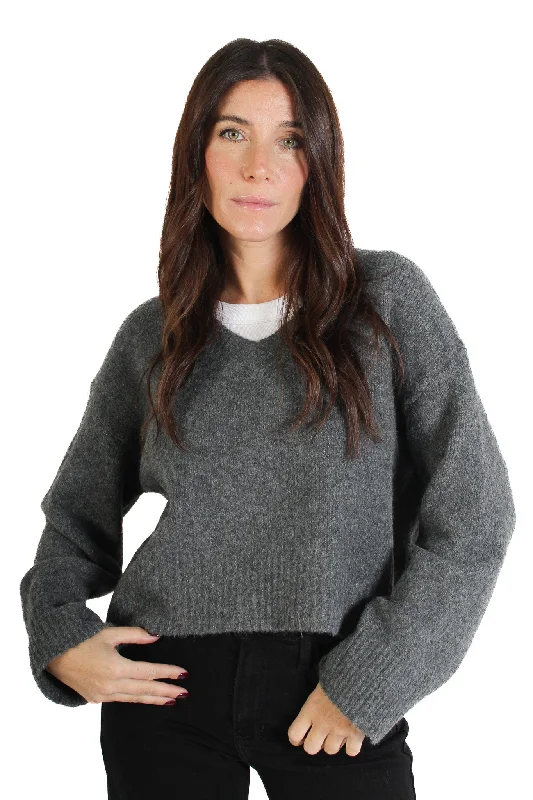 Open - Front Women's Cardigan - Style Mohair SweatersDark Grey Etta V-Neck Sweater