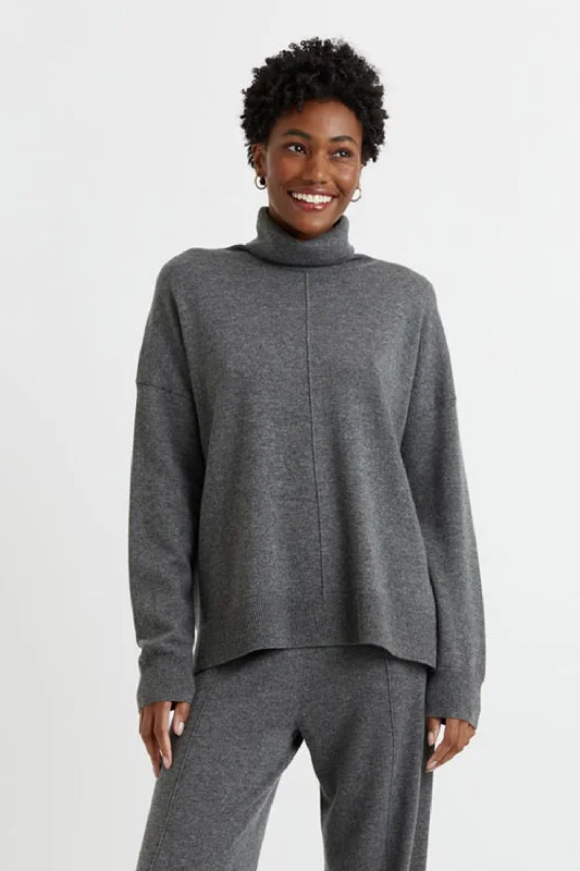 Split - Hem Women's Linen Blend Sweaters for SpringDark-Grey Wool-Cashmere Rollneck Sweater Split - Hem Women's Linen Blend Sweaters for SpringDark-Grey Wool-Cashmere Rollneck Sweater