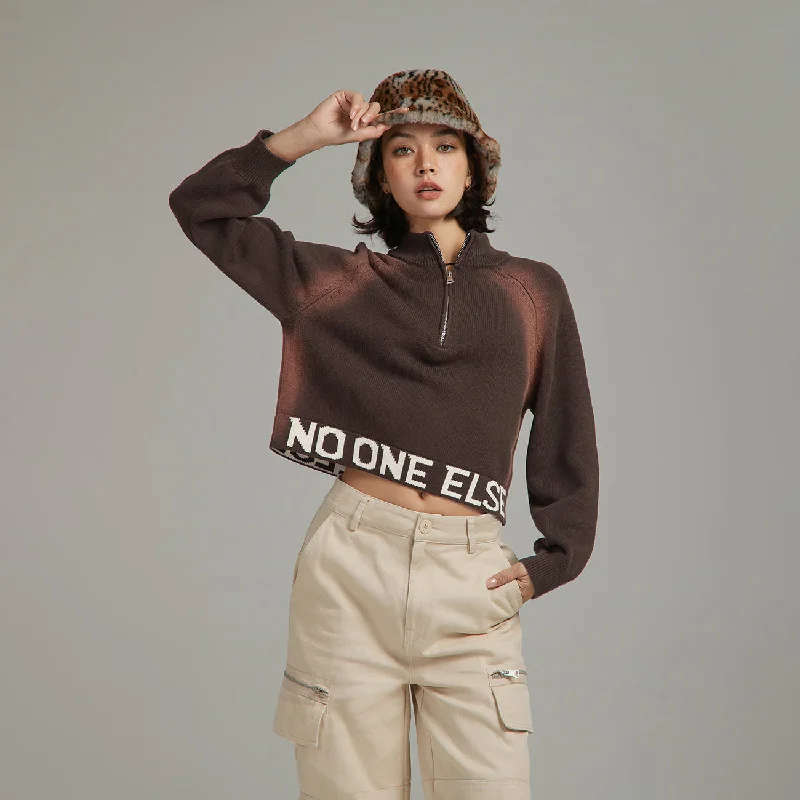 Bell - Sleeve Women's Mohair - Wool Blend SweatersLogo Half Zip-Up Crop Knit Sweater Bell - Sleeve Women's Mohair - Wool Blend SweatersLogo Half Zip-Up Crop Knit Sweater