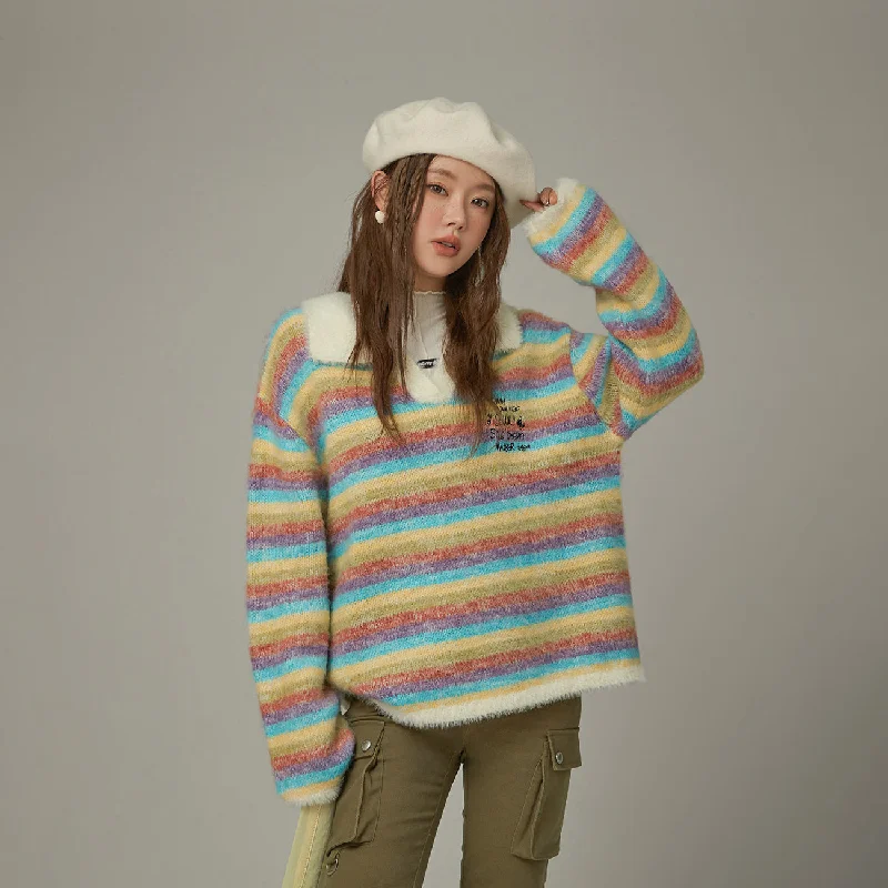 Plus Size Women's Belted Cable Knit SweatersCollar Rainbow Stripe Knit Sweater