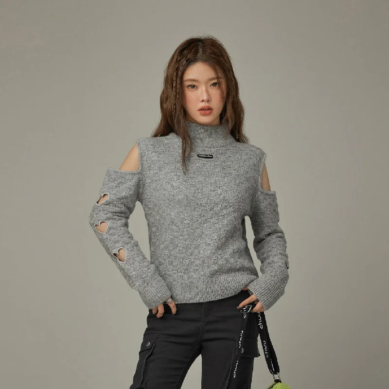 Plus Size Women's Embroidered Sweaters in Ethnic StylesOff-Shoulder Heart Cut Out Knit Sweater