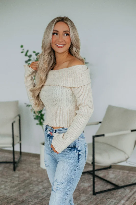 Women's Long Sleeve Turtleneck Cashmere SweatersElaine Off Shoulder Sweater - Cream