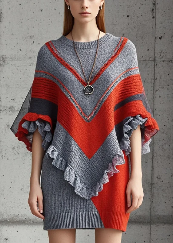 Cowl Neck Women's Cashmere Blend Sweater Dresses for WinterElegant Grey Ruffled Patchwork Knitted Dress Batwing Sleeve Cowl Neck Women's Cashmere Blend Sweater Dresses for WinterElegant Grey Ruffled Patchwork Knitted Dress Batwing Sleeve