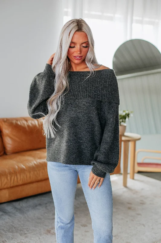 Open - Front Women's Cardigan - Style Mohair SweatersEstria Off Shoulder Sweater - Charcoal Open - Front Women's Cardigan - Style Mohair SweatersEstria Off Shoulder Sweater - Charcoal
