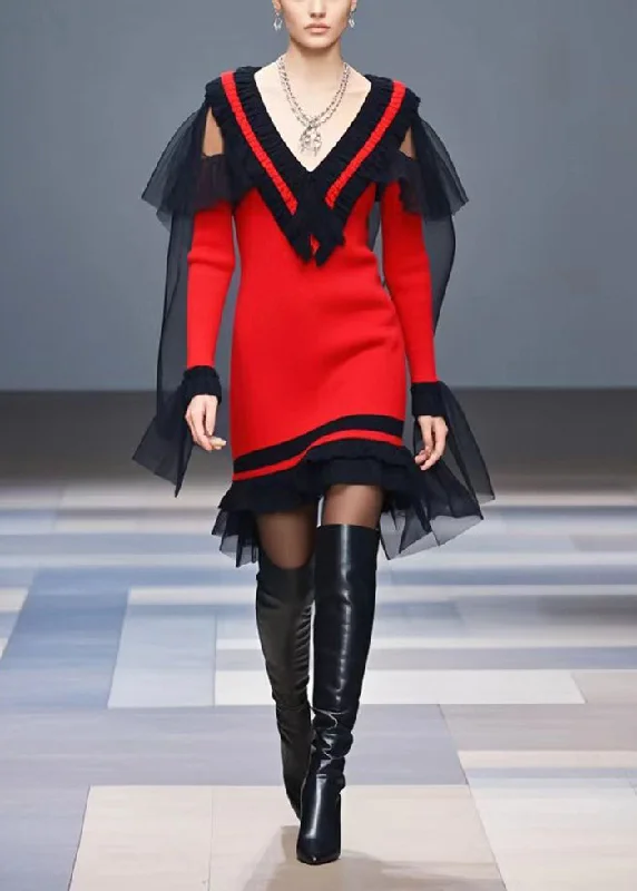 Women's Off - Shoulder Chunky Knit Sweater Dresses in Earth TonesFashion Red V Neck Patchwork Tulle Knitwear Dress Winter Women's Off - Shoulder Chunky Knit Sweater Dresses in Earth TonesFashion Red V Neck Patchwork Tulle Knitwear Dress Winter