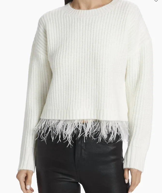 Women's Long Sleeve Turtleneck Cashmere SweatersFeather Trim Ribbed Knit Sweater In Winter White Women's Long Sleeve Turtleneck Cashmere SweatersFeather Trim Ribbed Knit Sweater In Winter White