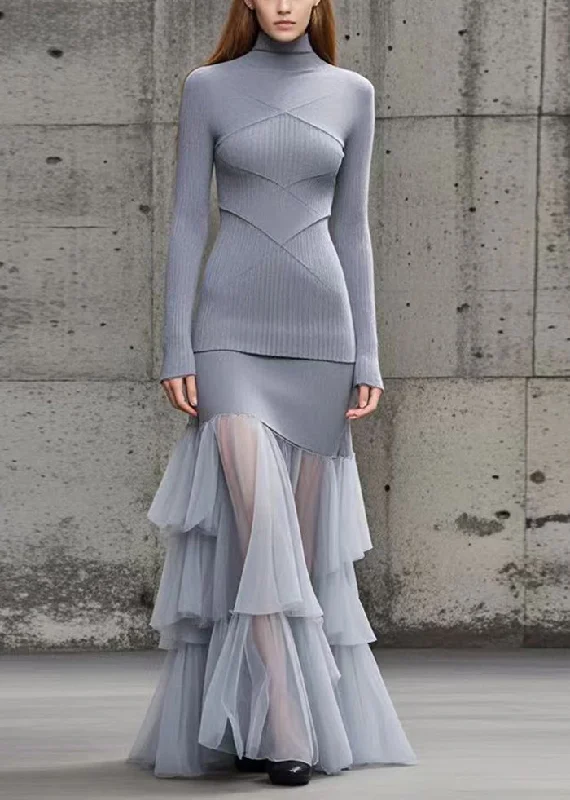 Belted Women's Cotton Blend Sweater Dresses for a Casual LookFine Grey High Neck Patchwork Tulle Knitted Dress Fall Belted Women's Cotton Blend Sweater Dresses for a Casual LookFine Grey High Neck Patchwork Tulle Knitted Dress Fall