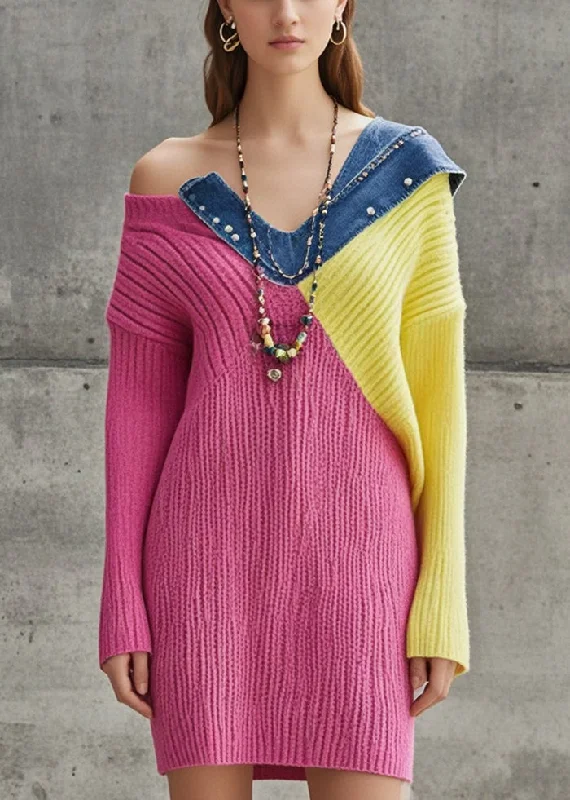Empire Waist Women's Alpaca Wool Sweater Dresses in Earthy TonesFine Rose One Shoulder Patchwork Denim Knitwear Dress Fall Empire Waist Women's Alpaca Wool Sweater Dresses in Earthy TonesFine Rose One Shoulder Patchwork Denim Knitwear Dress Fall