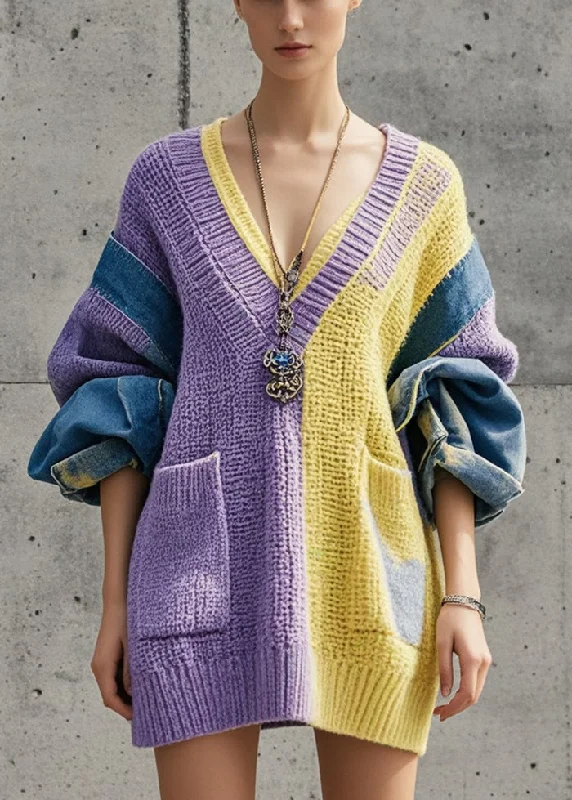 Wrap - Style Women's Lambswool Sweater Dresses in Elegant ShadesFitted Colorblock V Neck Patchwork Denim Knit Dress Fall Wrap - Style Women's Lambswool Sweater Dresses in Elegant ShadesFitted Colorblock V Neck Patchwork Denim Knit Dress Fall