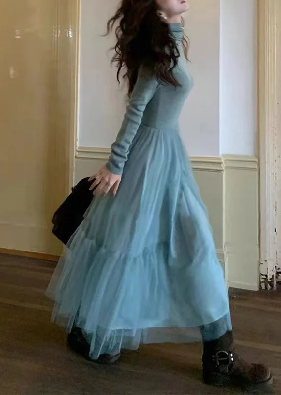Plus Size Women's Belted Cable Knit SweatersFrench Blue Ruffled Asymmetrical Tulle Patchwork Knit Dresses Spring