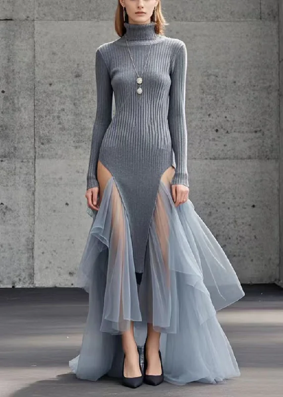 Knee - Length Women's Wool Blend Sweater Dresses in Neutral ColorsFrench Grey Asymmetrical Patchwork Tulle Sweater Dress Winter Knee - Length Women's Wool Blend Sweater Dresses in Neutral ColorsFrench Grey Asymmetrical Patchwork Tulle Sweater Dress Winter
