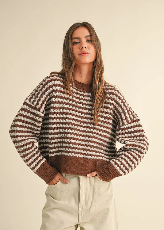 Tie - Front Women's Lambswool Sweaters in Pastel HuesGentry Striped Sweater - Blue & Brown Tie - Front Women's Lambswool Sweaters in Pastel HuesGentry Striped Sweater - Blue & Brown