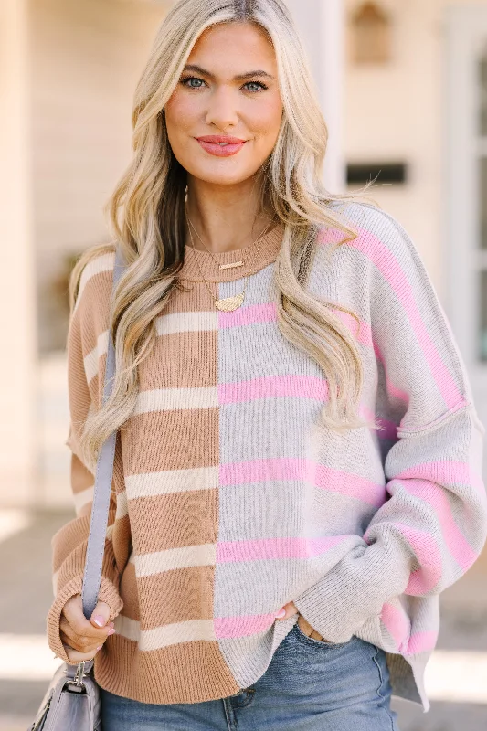 Split - Hem Women's Linen Blend Sweaters for SpringGive You Joy Brown & Gray Striped Sweater Split - Hem Women's Linen Blend Sweaters for SpringGive You Joy Brown & Gray Striped Sweater
