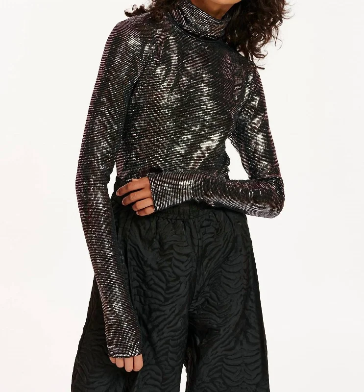 Hooded Women's Fleece - Lined Sweaters for WinterGlitter Turtleneck In Combo Black
