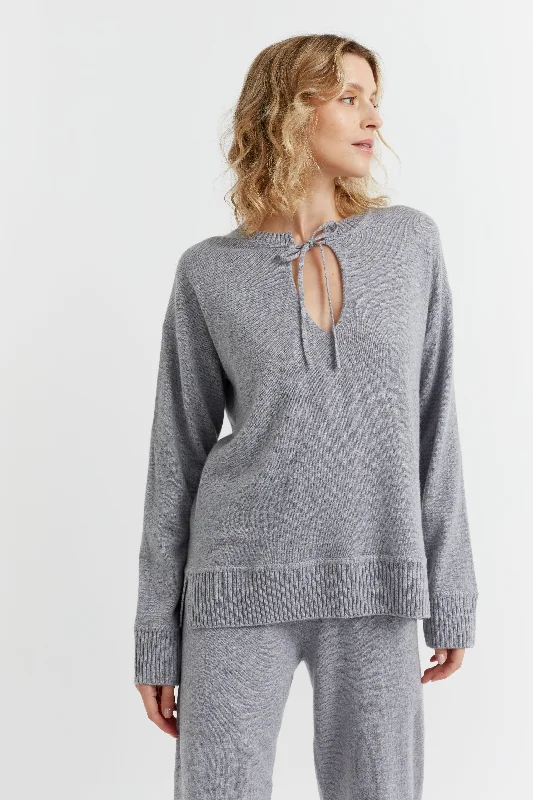 Plus Size Women's Side - Slit Sweaters in Bold SolidsGrey-Marl Cashmere Tie Neck Sweater Plus Size Women's Side - Slit Sweaters in Bold SolidsGrey-Marl Cashmere Tie Neck Sweater