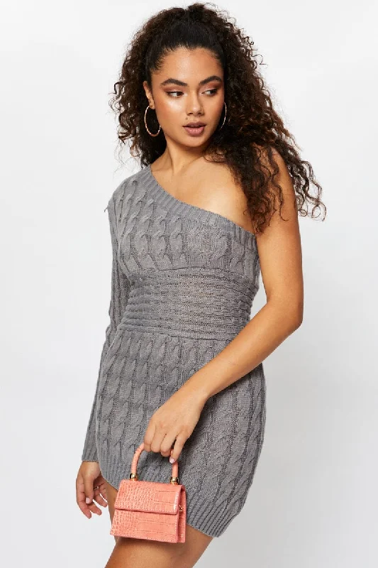 Longline Women's Mohair Sweater Dresses in a Loose FitGrey One Shoulder Cable Knit Dress Longline Women's Mohair Sweater Dresses in a Loose FitGrey One Shoulder Cable Knit Dress