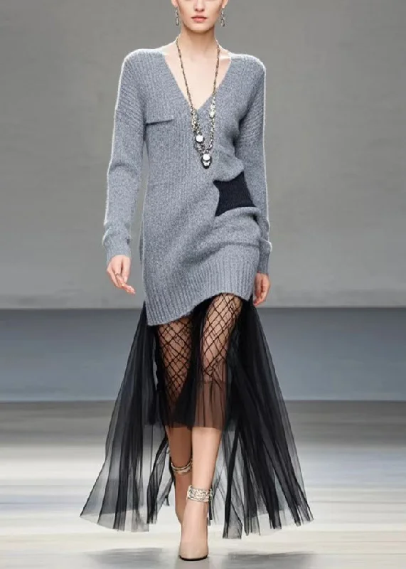 Plus Size Women's Open - Front Cardigan Style Sweater DressesGrey Patchwork Tulle Knitted Dress V Neck Exra Large Hem Winter Plus Size Women's Open - Front Cardigan Style Sweater DressesGrey Patchwork Tulle Knitted Dress V Neck Exra Large Hem Winter