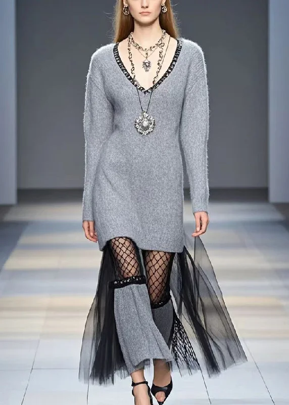 Plus Size Women's Asymmetric Hem Sweater Dresses in Modern DesignsGrey Patchwork Tulle Knitwear Dress Hollow Out Winter Plus Size Women's Asymmetric Hem Sweater Dresses in Modern DesignsGrey Patchwork Tulle Knitwear Dress Hollow Out Winter