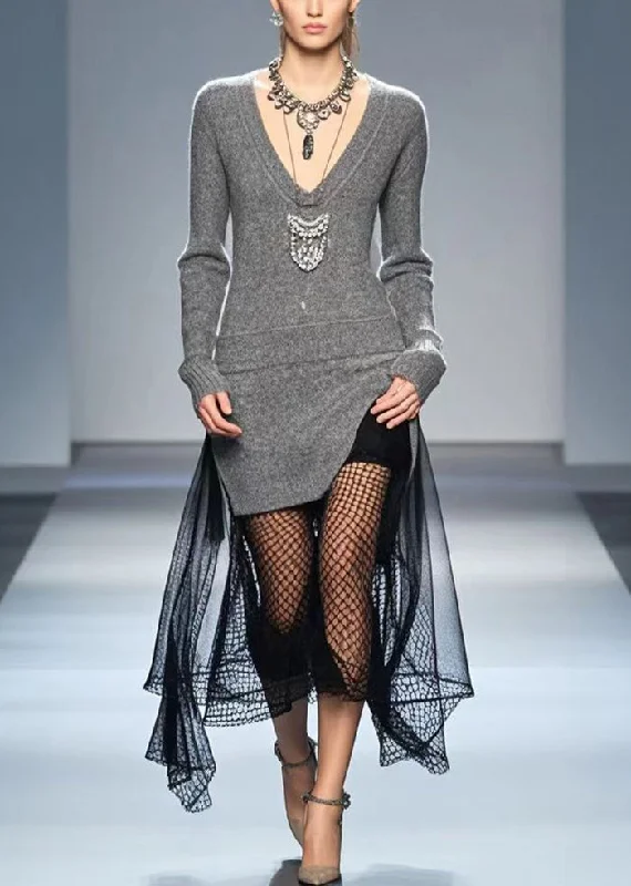 Short Sleeve Women's Cashmere Sweater Dresses in Pastel HuesGrey Patchwork Tulle Long Knit Dress V Neck Hollow Out Fall Short Sleeve Women's Cashmere Sweater Dresses in Pastel HuesGrey Patchwork Tulle Long Knit Dress V Neck Hollow Out Fall