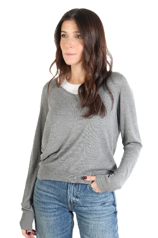 Tie - Front Women's Lambswool Sweaters in Pastel HuesGrey V-neck Sweater