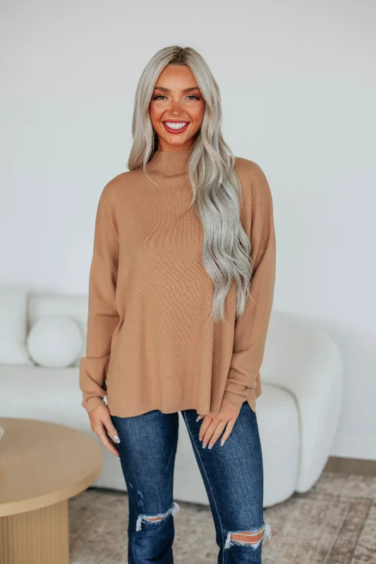 Tie - Front Women's Lambswool Sweaters in Pastel HuesImelda Mock Neck Sweater - Camel Tie - Front Women's Lambswool Sweaters in Pastel HuesImelda Mock Neck Sweater - Camel