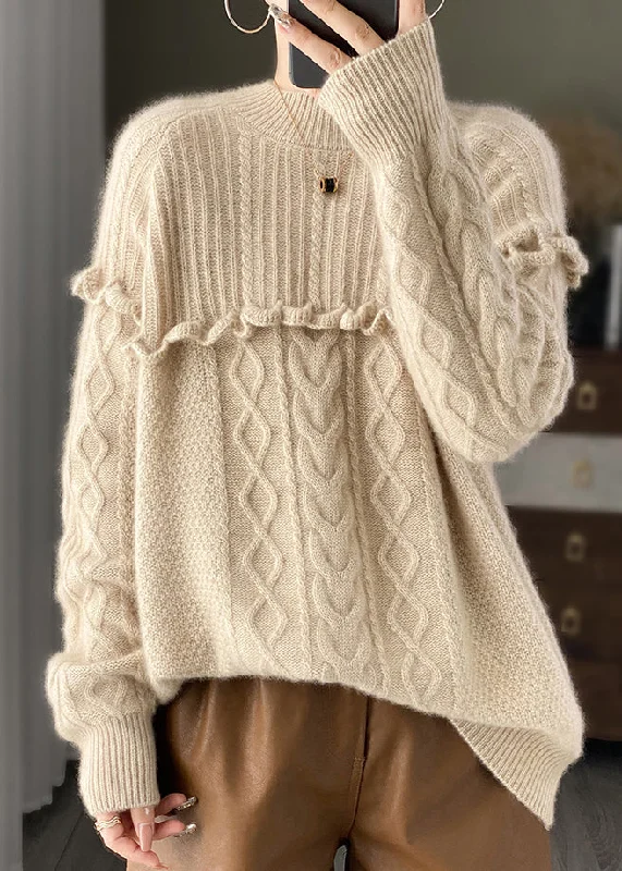 Plus Size Women's Ruffled Hem Sweaters in Floral PrintsItalian Beige O Neck Ruffled Patchwork Woolen Knit Sweater Spring