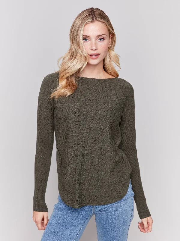 Plus Size Women's Side - Slit Sweaters in Bold SolidsKnit Sweater with Back Detail Lace-Up - Spruce Plus Size Women's Side - Slit Sweaters in Bold SolidsKnit Sweater with Back Detail Lace-Up - Spruce