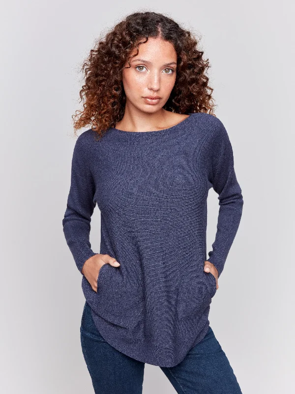 V - Neck Women's Ribbed Wool Sweaters for FallKnit Sweater with Back Detail Lace-Up - Denim V - Neck Women's Ribbed Wool Sweaters for FallKnit Sweater with Back Detail Lace-Up - Denim