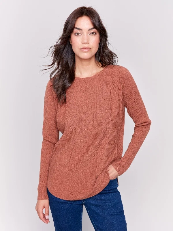 Plus Size Women's Ruffled Hem Sweaters in Floral PrintsKnit Sweater with Back Detail Lace-Up - Terracotta Plus Size Women's Ruffled Hem Sweaters in Floral PrintsKnit Sweater with Back Detail Lace-Up - Terracotta