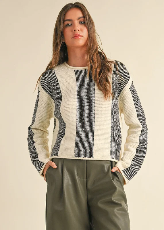 Boat Neck Women's Merino Wool Sweaters in Neutral ShadesKya Wide Stripe Knit Sweater - Cream & Black