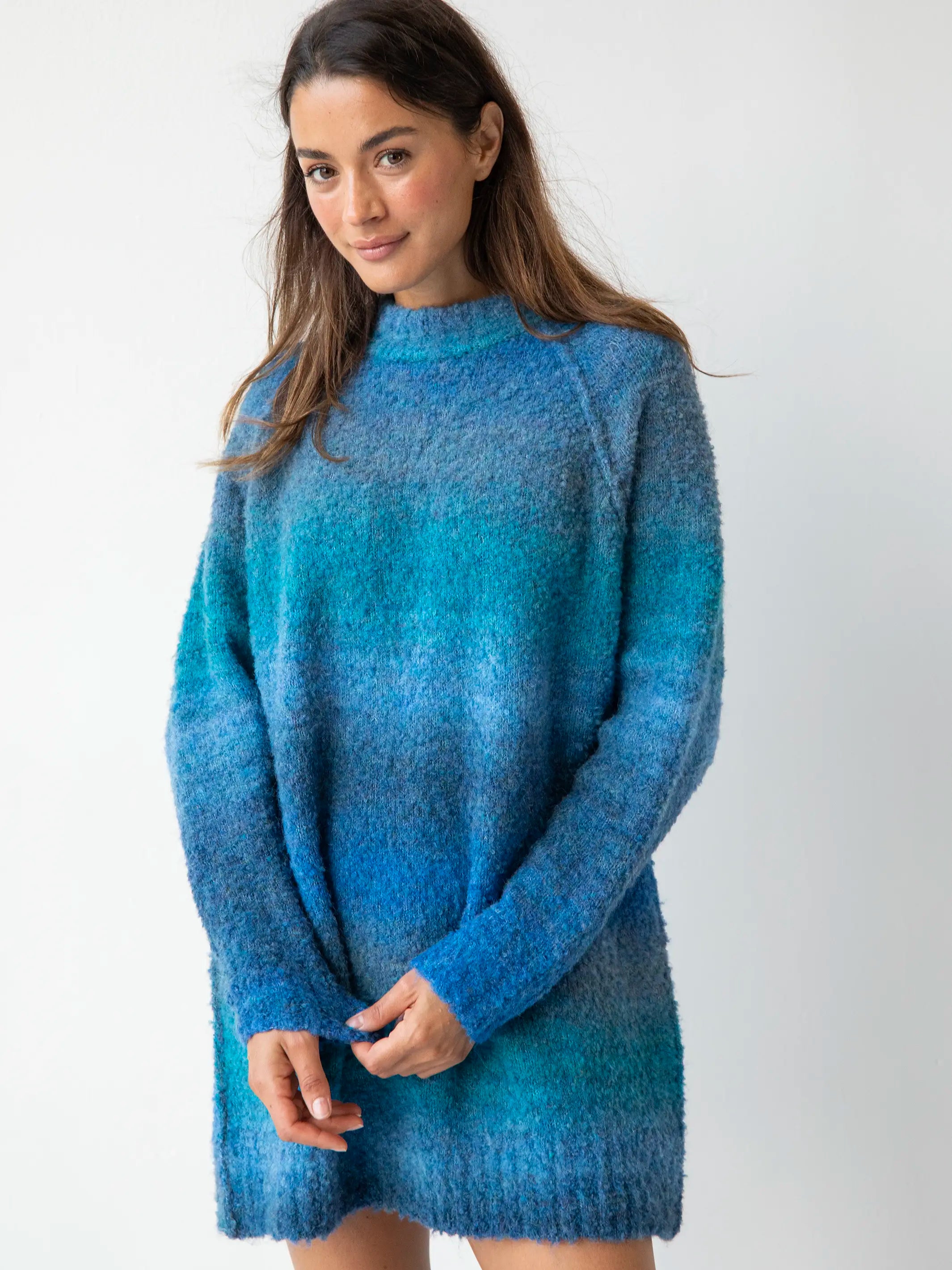 Short Sleeve Women's Cashmere Sweater Dresses in Pastel HuesLivie Boucle Sweater Dress - Indigo