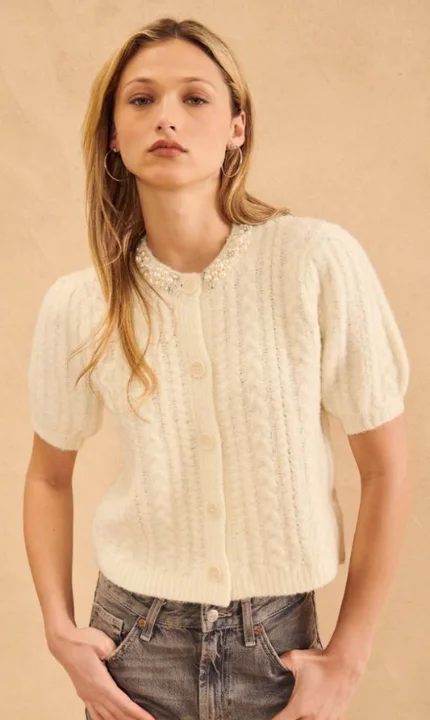 Sleeveless Women's Silk - Trimmed Sweaters for SummerMAXWELL PEARL CARDI