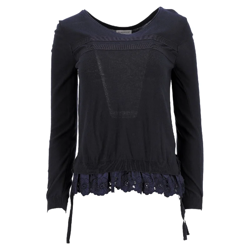 Mock Neck Women's Alpaca Wool Sweaters in Earth TonesMoncler Floral Lace Trim Round Neck Sweater in Navy Blue Wool