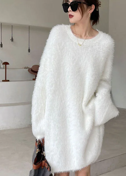 Cowl Neck Women's Cashmere Blend Sweater Dresses for WinterOrganic White V Neck Mink Hair Knitted Sweater Dress Winter Cowl Neck Women's Cashmere Blend Sweater Dresses for WinterOrganic White V Neck Mink Hair Knitted Sweater Dress Winter