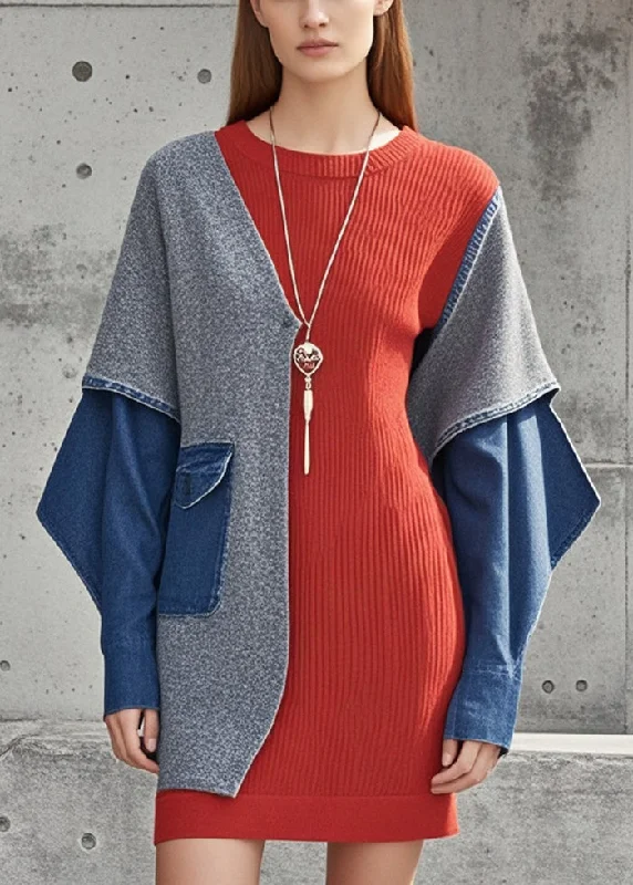 Knee - Length Women's Wool Blend Sweater Dresses in Neutral ColorsOriginal Design Red Patchwork Fake Two Piece Knit Dress Asymmetrical Fall Knee - Length Women's Wool Blend Sweater Dresses in Neutral ColorsOriginal Design Red Patchwork Fake Two Piece Knit Dress Asymmetrical Fall