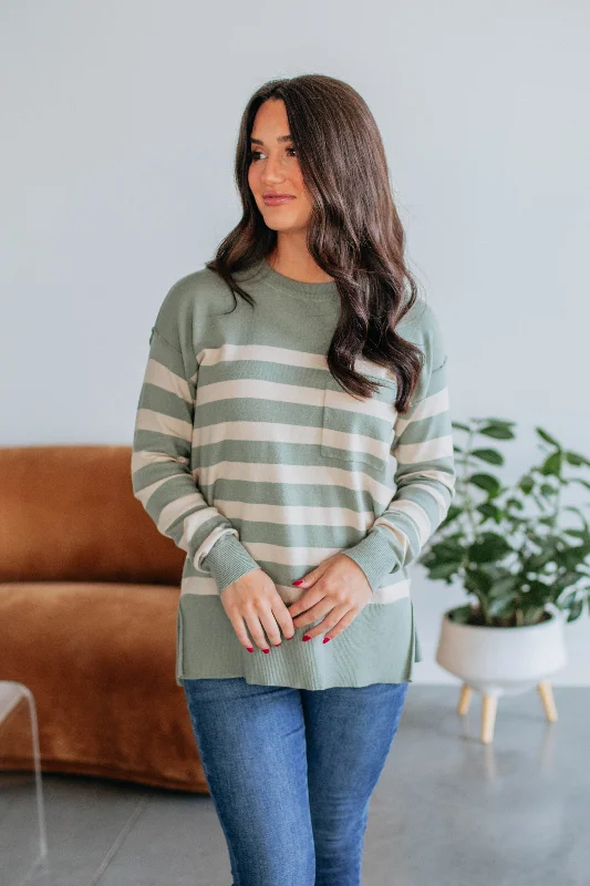 Plus Size Women's Oversized Chunky Knit SweatersPamela Striped Sweater - Sage Mix