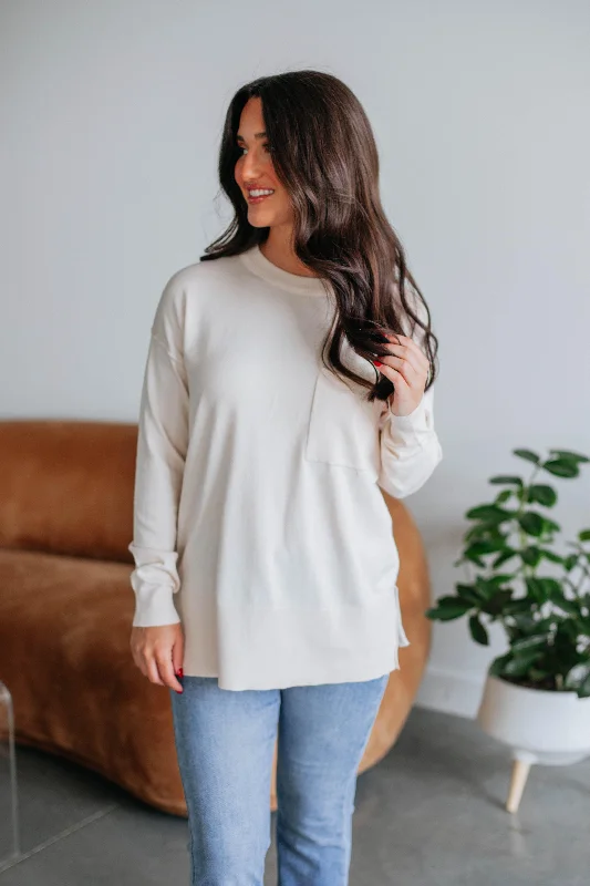 Plus Size Women's Side - Slit Sweaters in Bold SolidsPaula Sweater - Cream