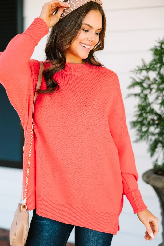 Plus Size Women's Embroidered Sweaters in Ethnic StylesPerfectly You Coral Orange Mock Neck Sweater