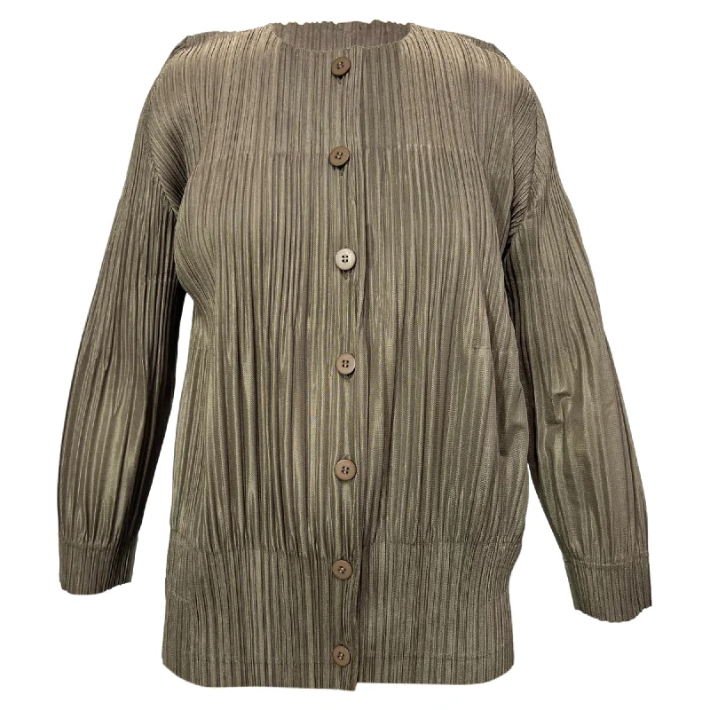 Sleeveless Women's Silk - Trimmed Sweaters for SummerPleats Please Issey Miyake Button-Down Top in Brown Polyester