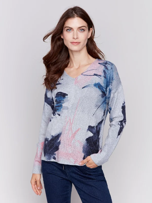High - Low Hem Women's Cashmere - Blended SweatersPrinted Plush Knit V-Neck Sweater - Quartz High - Low Hem Women's Cashmere - Blended SweatersPrinted Plush Knit V-Neck Sweater - Quartz