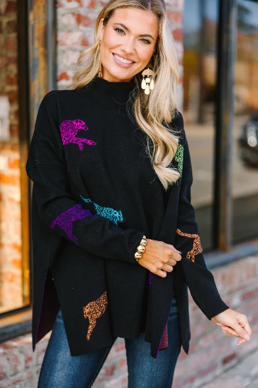 Short Sleeve Women's Cotton Blend Sweaters in Pastel ColorsQuick Decision Black Multi Cheetah Sweater