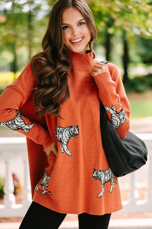 Tie - Front Women's Lambswool Sweaters in Pastel HuesQuick Decisions Rust Orange Tiger Sweater Tie - Front Women's Lambswool Sweaters in Pastel HuesQuick Decisions Rust Orange Tiger Sweater