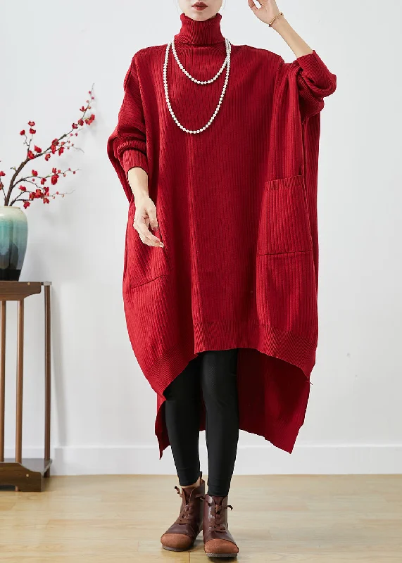 Sleeveless Women's Silk Blend Sweater Dresses for a Sophisticated LookRed Oversized Knit Sweater Dress Turtle Neck Asymmetrical Batwing Sleeve Sleeveless Women's Silk Blend Sweater Dresses for a Sophisticated LookRed Oversized Knit Sweater Dress Turtle Neck Asymmetrical Batwing Sleeve