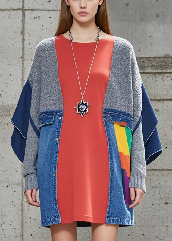Midi - Length Women's Shetland Wool Sweater Dresses in Traditional PatternsRed Patchwork Denim Knit Fake Two Piece Dress Oversized Fall Midi - Length Women's Shetland Wool Sweater Dresses in Traditional PatternsRed Patchwork Denim Knit Fake Two Piece Dress Oversized Fall