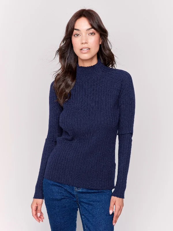 Plus Size Women's Sequined Sweaters for Special OccasionsRibbed Knit Mock Neck Sweater - Navy Plus Size Women's Sequined Sweaters for Special OccasionsRibbed Knit Mock Neck Sweater - Navy