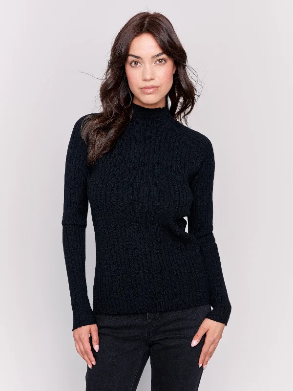 Plus Size Women's Belted Cable Knit SweatersRibbed Knit Mock Neck Sweater - Black