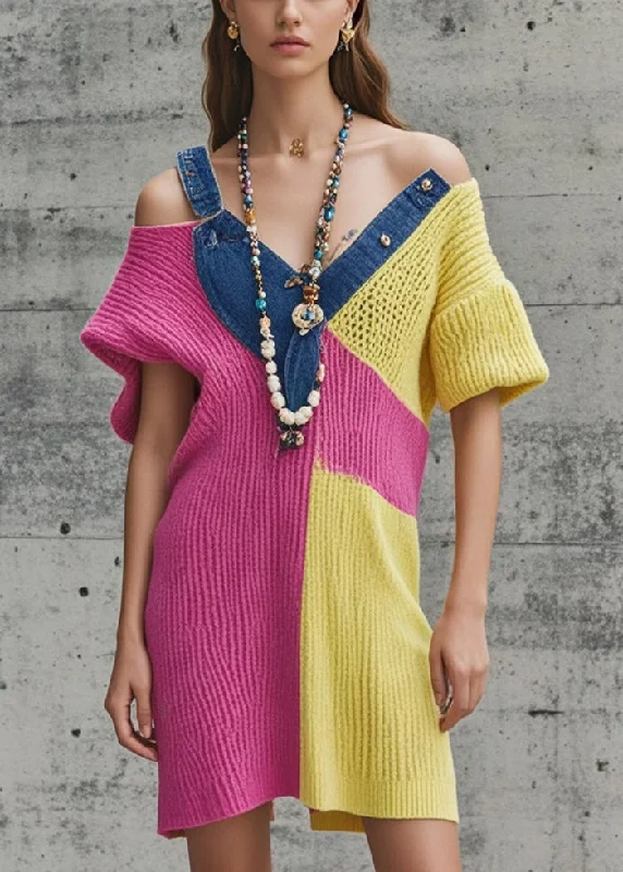 Belted Women's Cotton Blend Sweater Dresses for a Casual LookRose Patchwork Denim Knitwear Dress Cold Shoulder Fall Belted Women's Cotton Blend Sweater Dresses for a Casual LookRose Patchwork Denim Knitwear Dress Cold Shoulder Fall