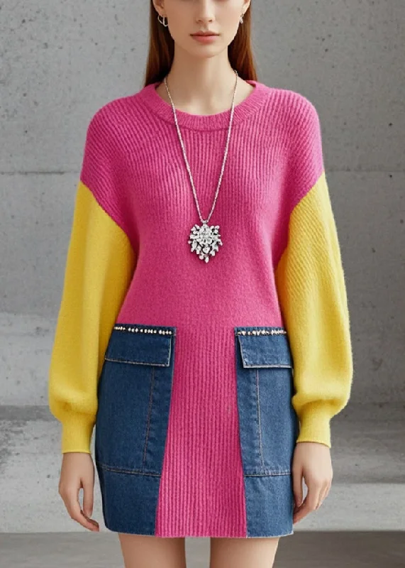 Plus Size Women's Open - Front Cardigan Style Sweater DressesRose Patchwork Denim Sweater Dress O-Neck Fall Plus Size Women's Open - Front Cardigan Style Sweater DressesRose Patchwork Denim Sweater Dress O-Neck Fall