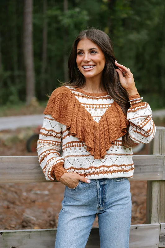 Tie - Front Women's Lambswool Sweaters in Pastel HuesRuffle Mix Sweater-Chestnut
