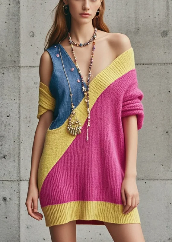 Plus Size Women's Long Sleeve Cable Knit Sweater DressesSexy Rose Asymmetrical Patchwork Denim Knitwear Dress Fall Plus Size Women's Long Sleeve Cable Knit Sweater DressesSexy Rose Asymmetrical Patchwork Denim Knitwear Dress Fall